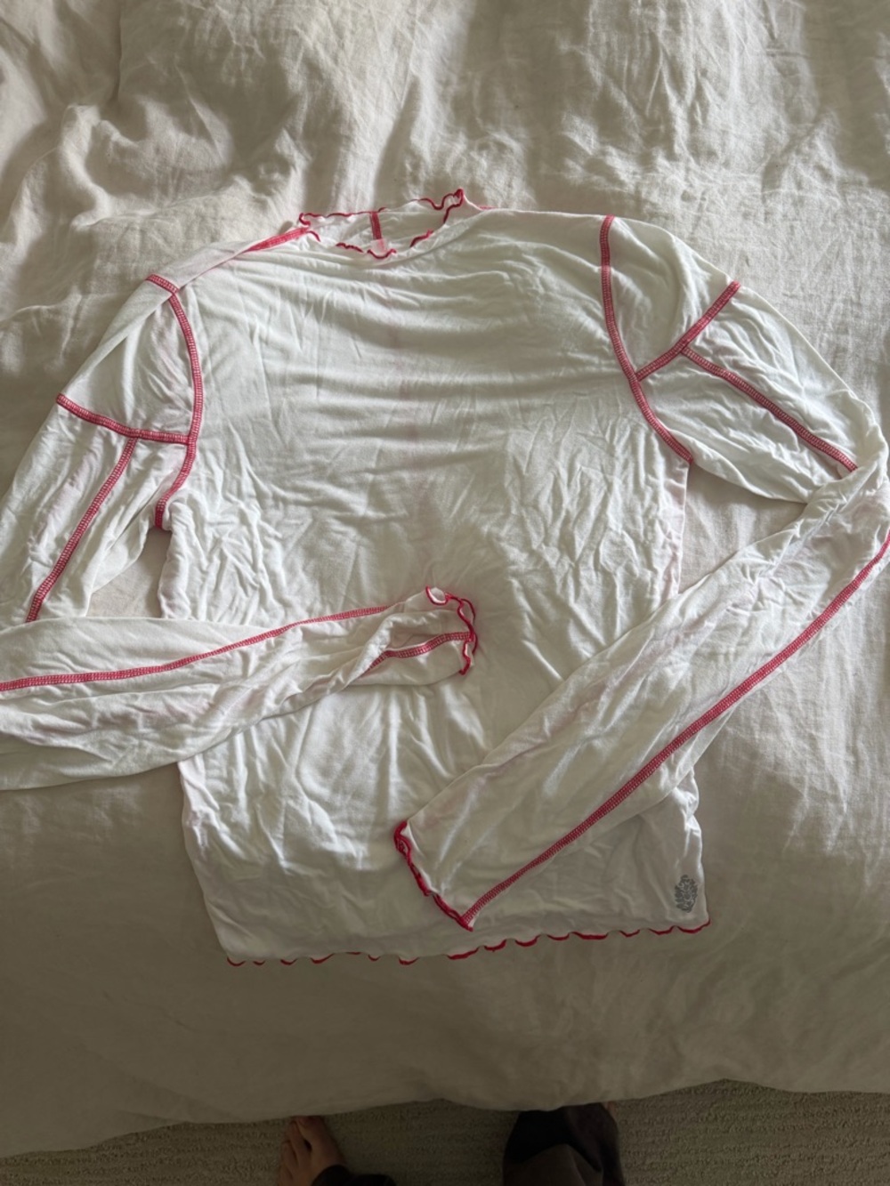 White Long Sleeve Top with Pink Lettuce Edge - FP movement